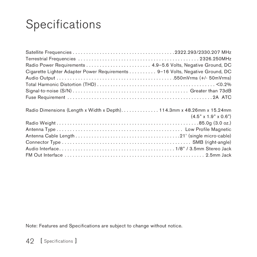 Sirius Satellite Radio SV3 manual Specifications 