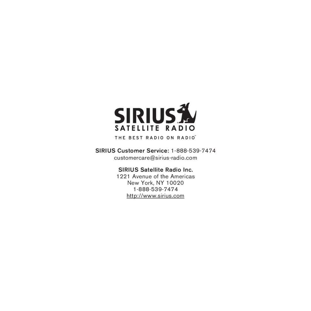 Sirius Satellite Radio SV3 manual Sirius Customer Service Customercare@sirius-radio.com 