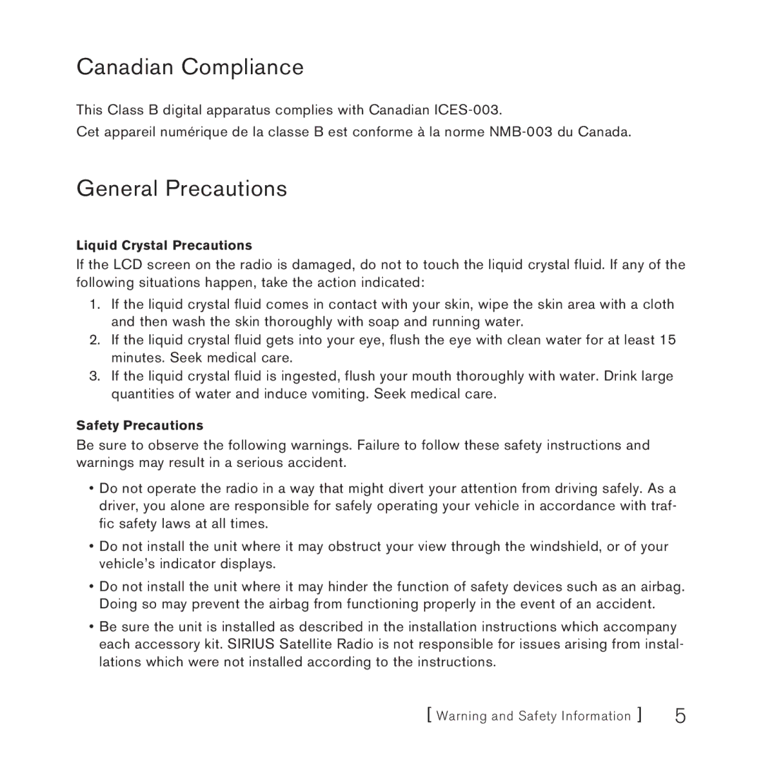 Sirius Satellite Radio SV3 manual Canadian Compliance, General Precautions 