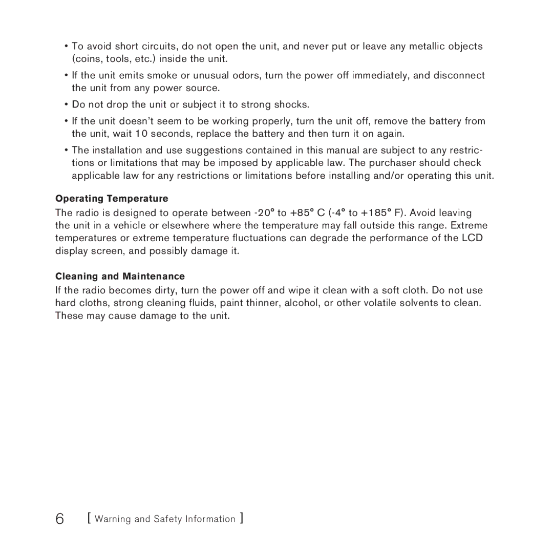 Sirius Satellite Radio SV3 manual Operating Temperature 