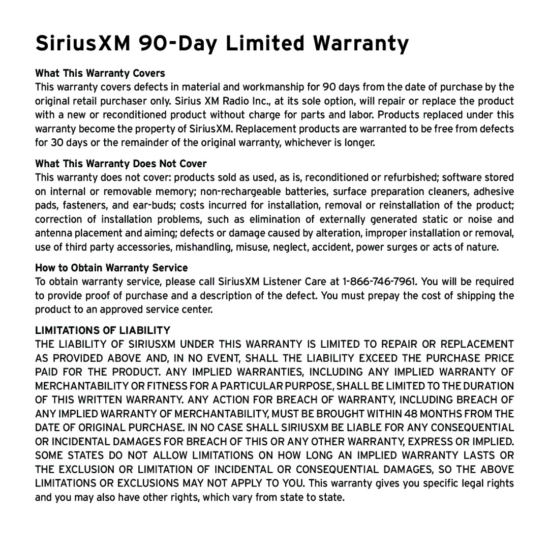 Sirius Satellite Radio SX1EV1 manual SiriusXM 90-Day Limited Warranty 