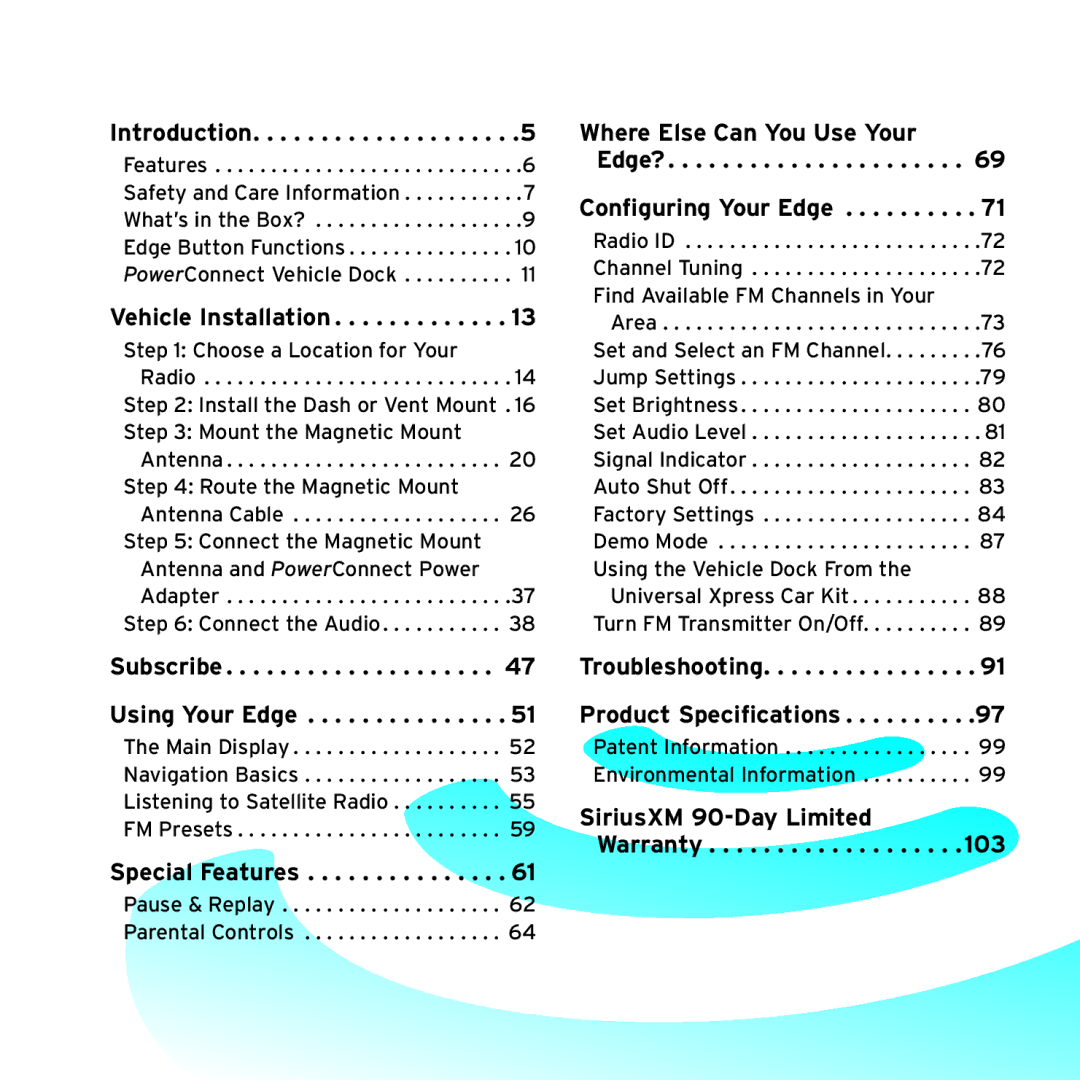 Sirius Satellite Radio SX1EV1 manual Table of Contents 