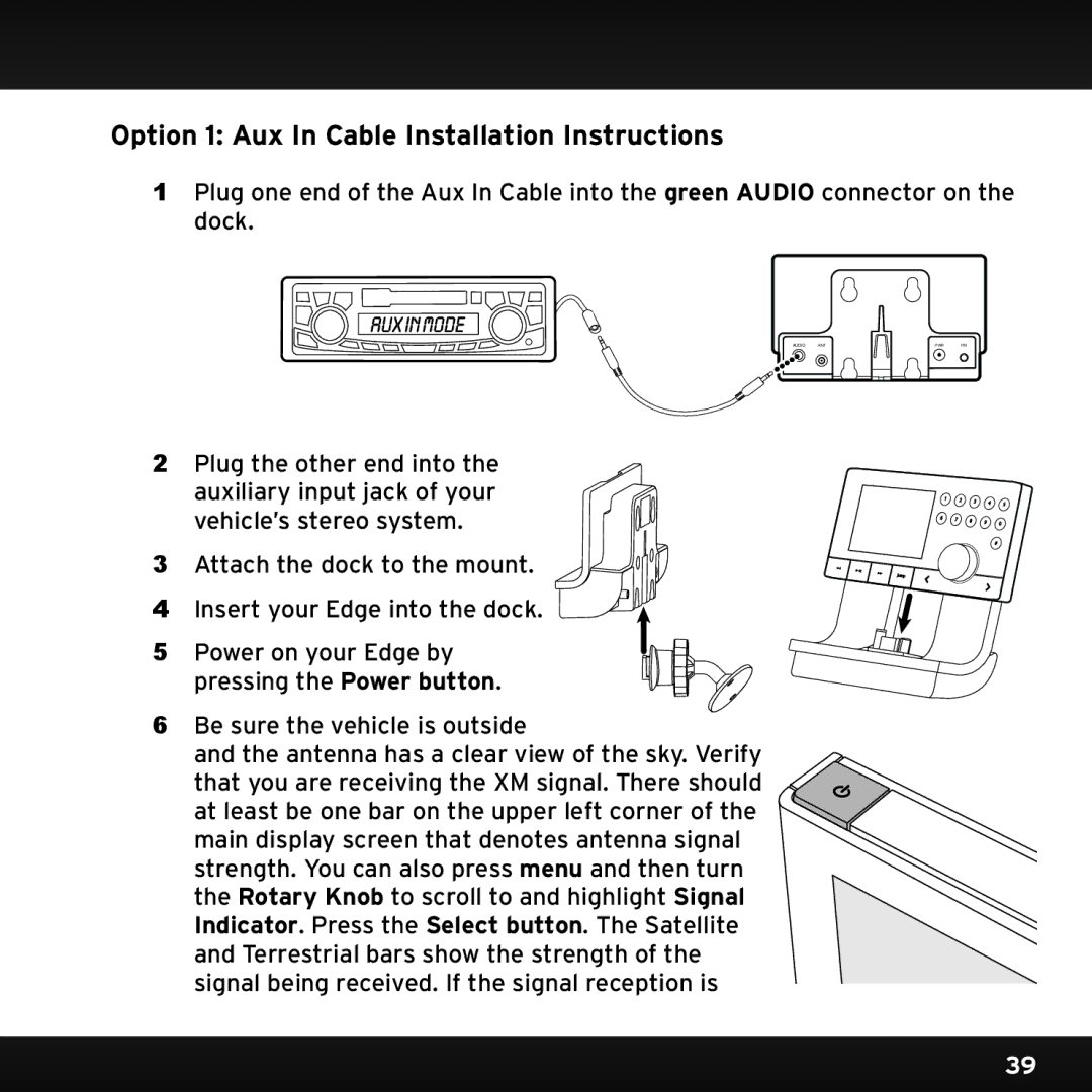 Sirius Satellite Radio SX1EV1 manual Option 1 Aux In Cable Installation Instructions 