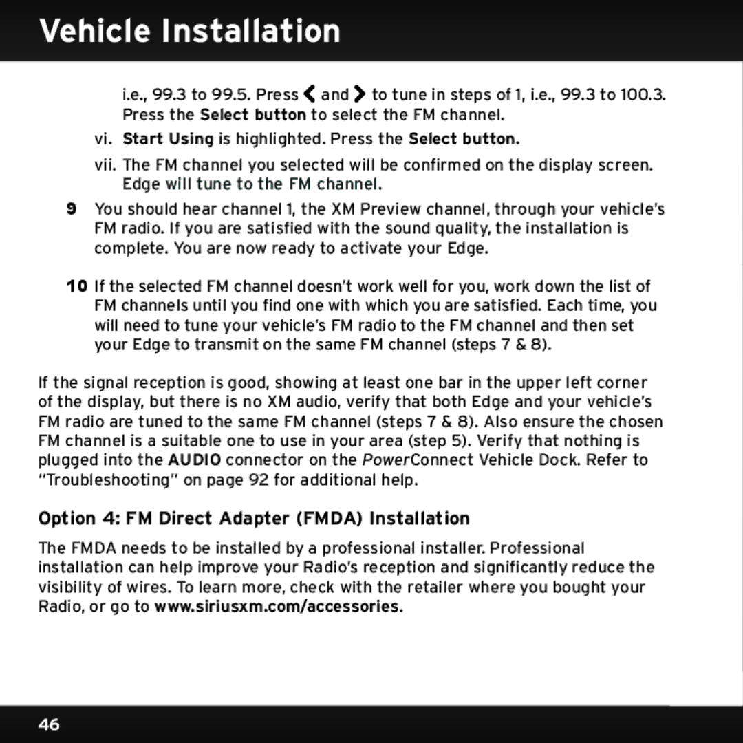 Sirius Satellite Radio SX1EV1 manual Option 4 FM Direct Adapter Fmda Installation 