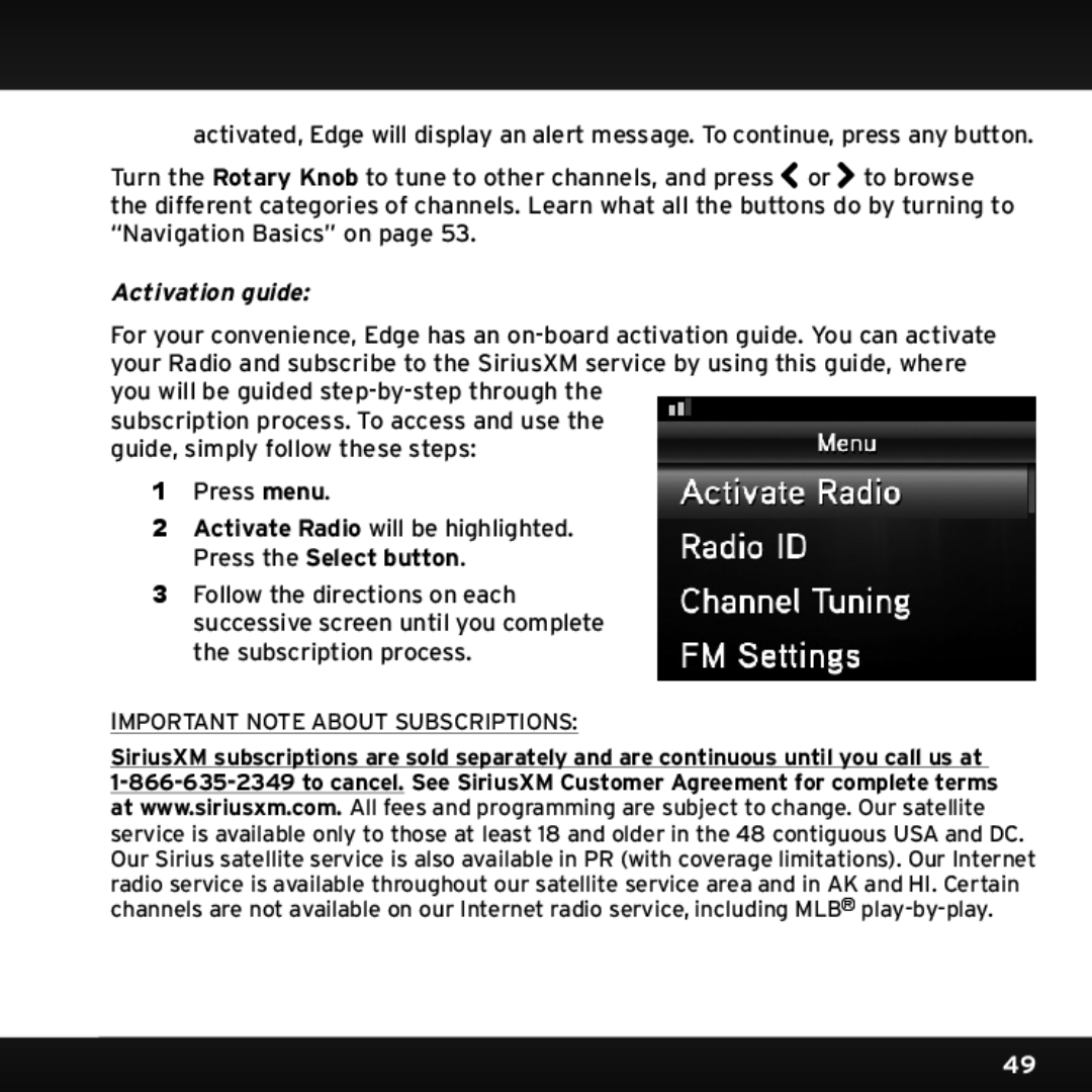 Sirius Satellite Radio SX1EV1 manual Activation guide 