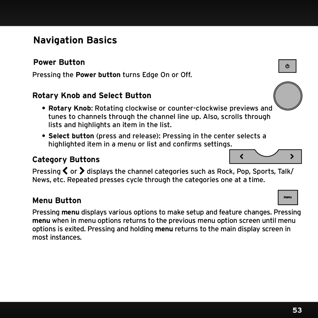 Sirius Satellite Radio SX1EV1 manual Navigation Basics, Power Button, Rotary Knob and Select Button, Category Buttons 