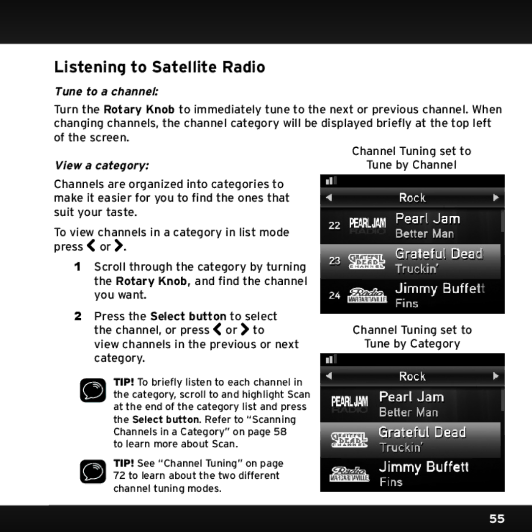 Sirius Satellite Radio SX1EV1 manual Listening to Satellite Radio, Tune to a channel, View a category 