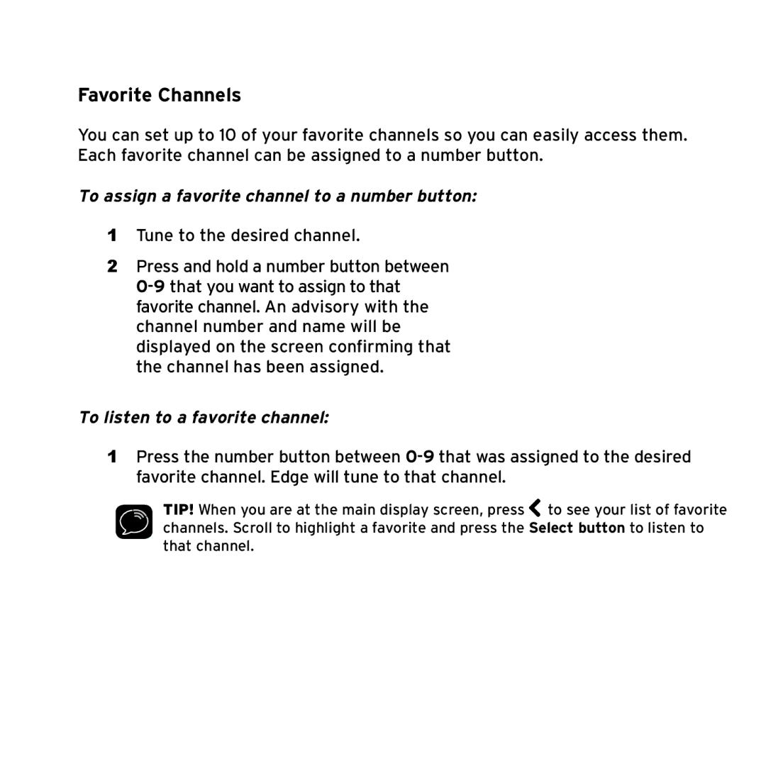 Sirius Satellite Radio SX1EV1 manual Favorite Channels, To assign a favorite channel to a number button 