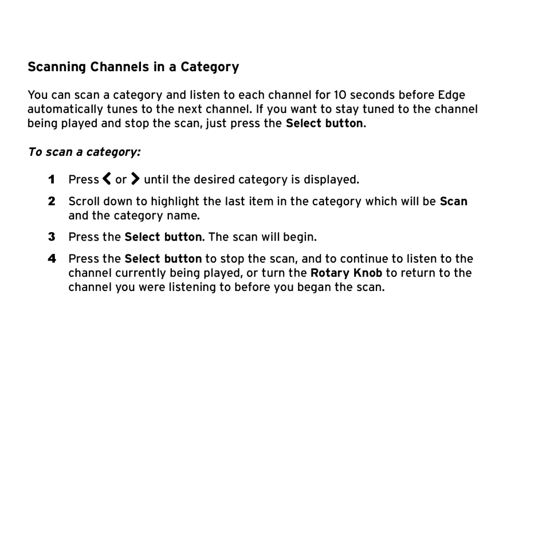 Sirius Satellite Radio SX1EV1 manual Scanning Channels in a Category, To scan a category 