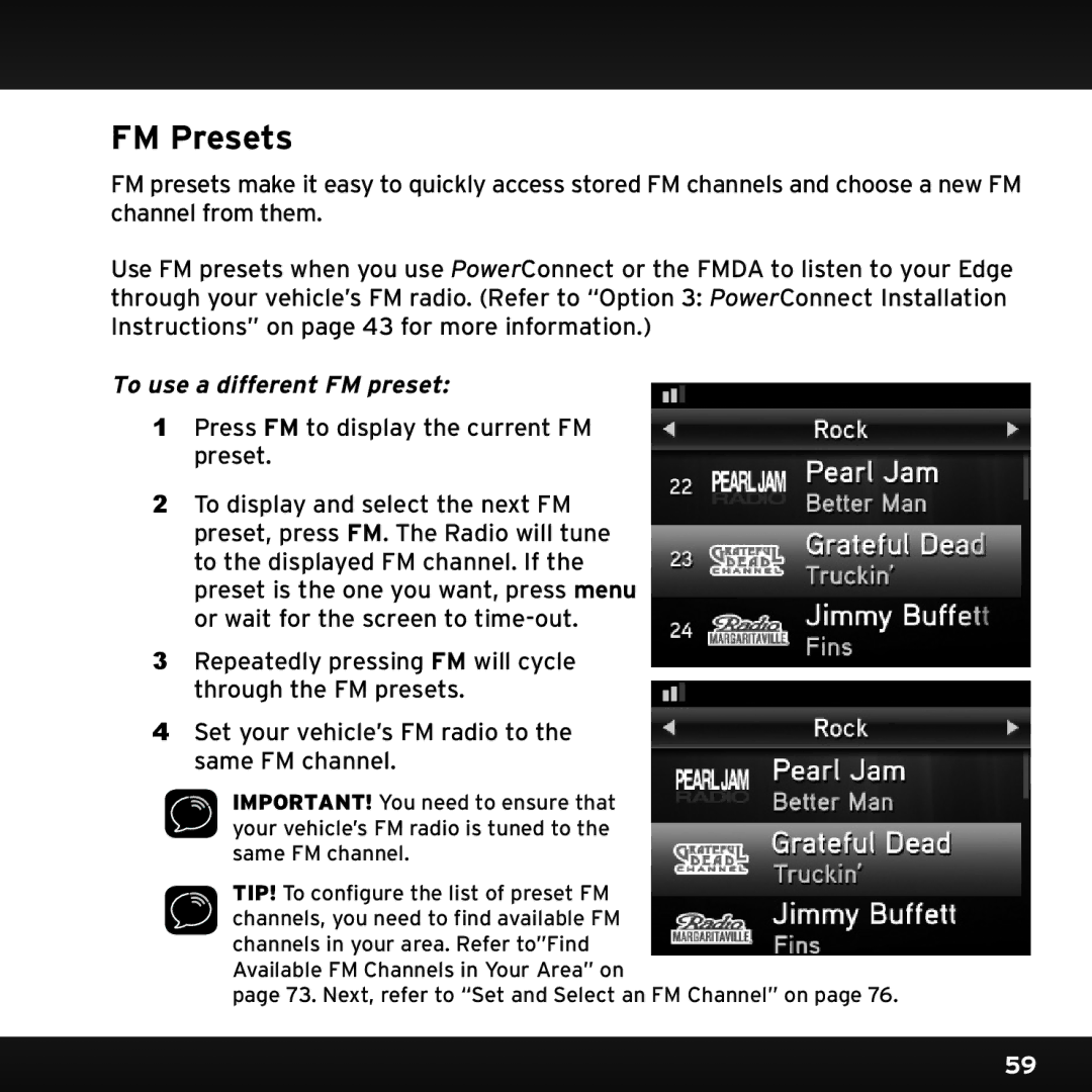 Sirius Satellite Radio SX1EV1 manual FM Presets, To use a different FM preset 