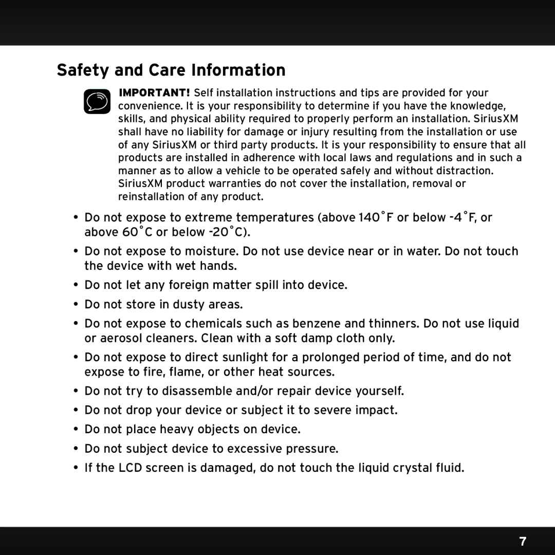 Sirius Satellite Radio SX1EV1 manual Safety and Care Information 