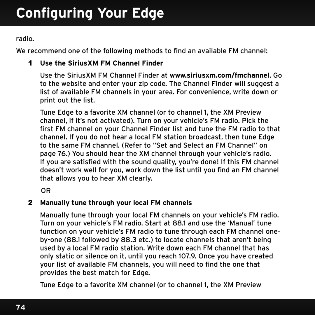 Sirius Satellite Radio SX1EV1 manual Use the SiriusXM FM Channel Finder 