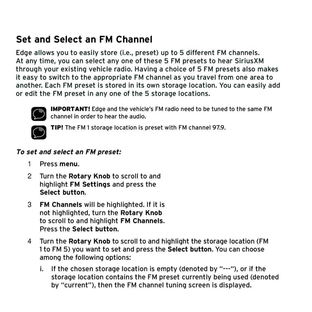 Sirius Satellite Radio SX1EV1 manual Set and Select an FM Channel, To set and select an FM preset 