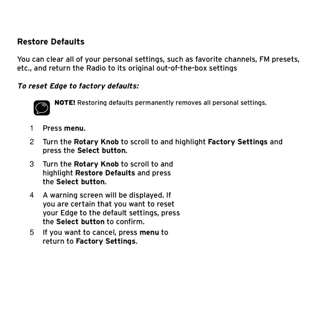 Sirius Satellite Radio SX1EV1 manual Restore Defaults, To reset Edge to factory defaults 