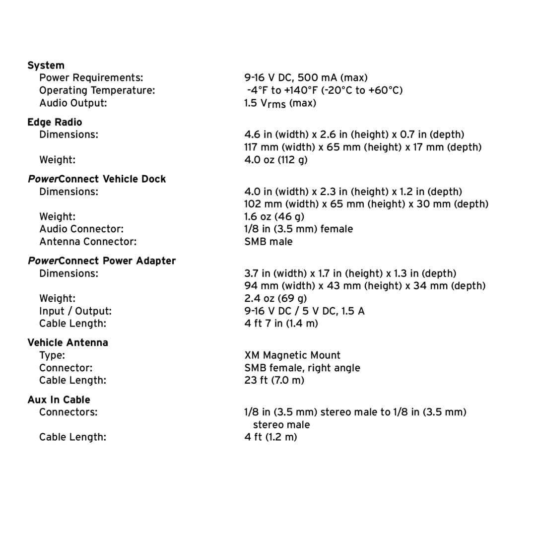 Sirius Satellite Radio SX1EV1 manual Product Specifications, System 