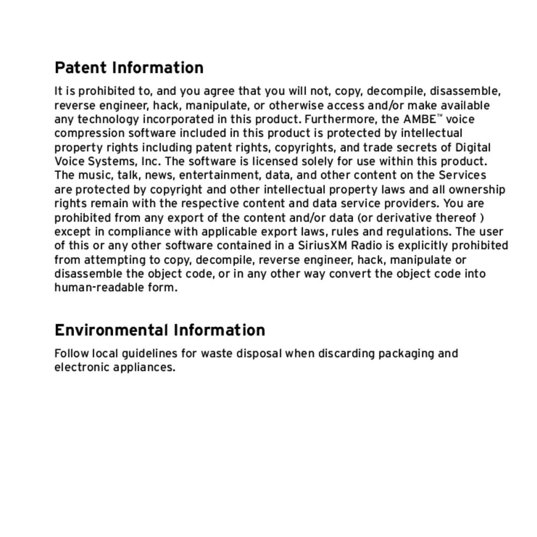 Sirius Satellite Radio SX1EV1 manual Patent and Environmental Information, Patent Information 