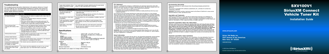 Sirius Satellite Radio SXV100 installation instructions Troubleshooting, Specifications 