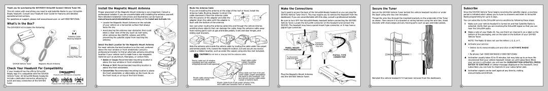 Sirius Satellite Radio SXV100 installation instructions What’s In the Box?, Install the Magnetic Mount Antenna, Subscribe 