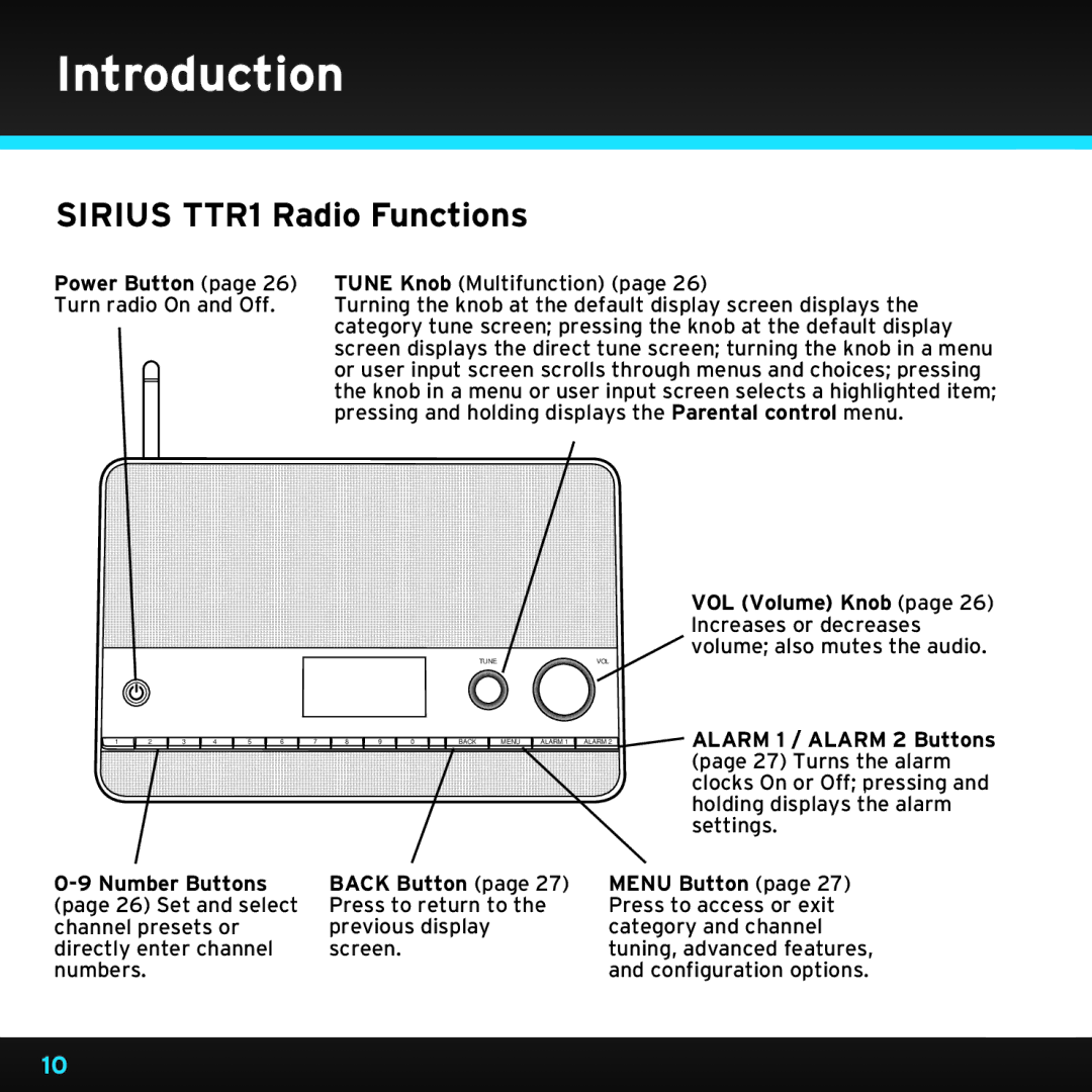 Sirius Satellite Radio manual Sirius TTR1 Radio Functions, VOL Volume Knob 