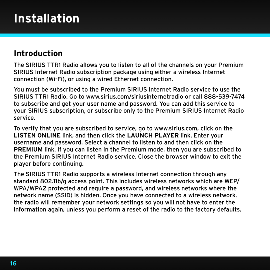 Sirius Satellite Radio TTR1 manual Installation, Introduction 