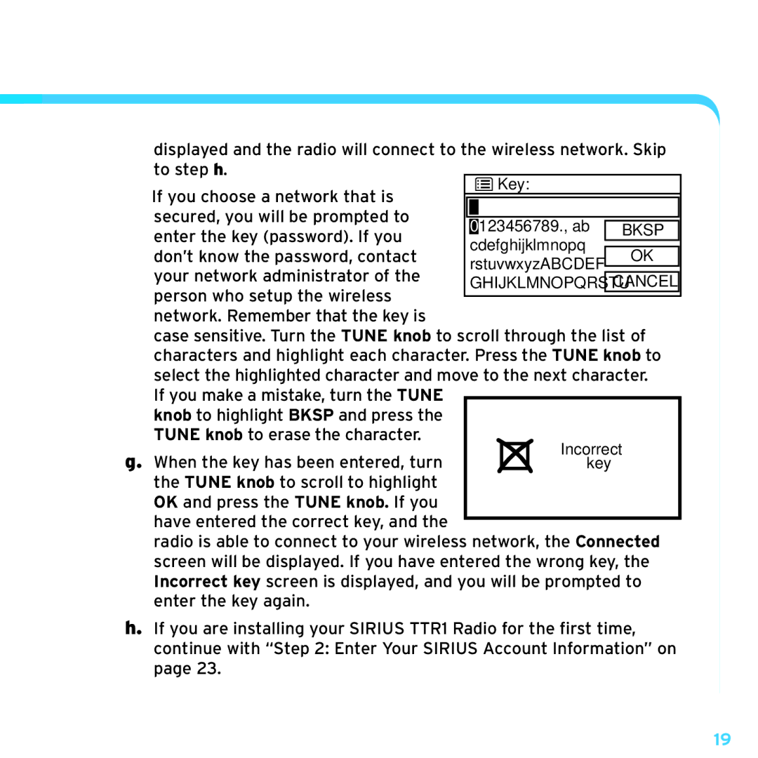 Sirius Satellite Radio TTR1 manual To step h If you choose a network that is 