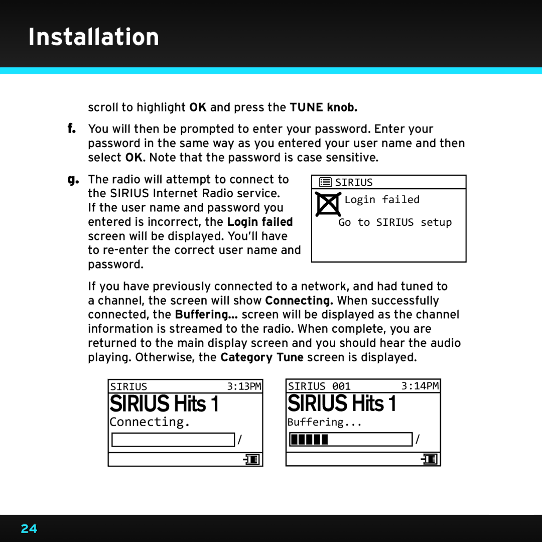 Sirius Satellite Radio TTR1 manual Login failed Go to Sirius setup 