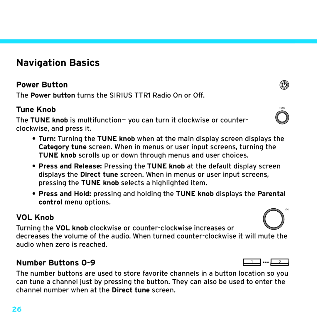 Sirius Satellite Radio manual Using Your Sirius TTR1 Radio, Navigation Basics 