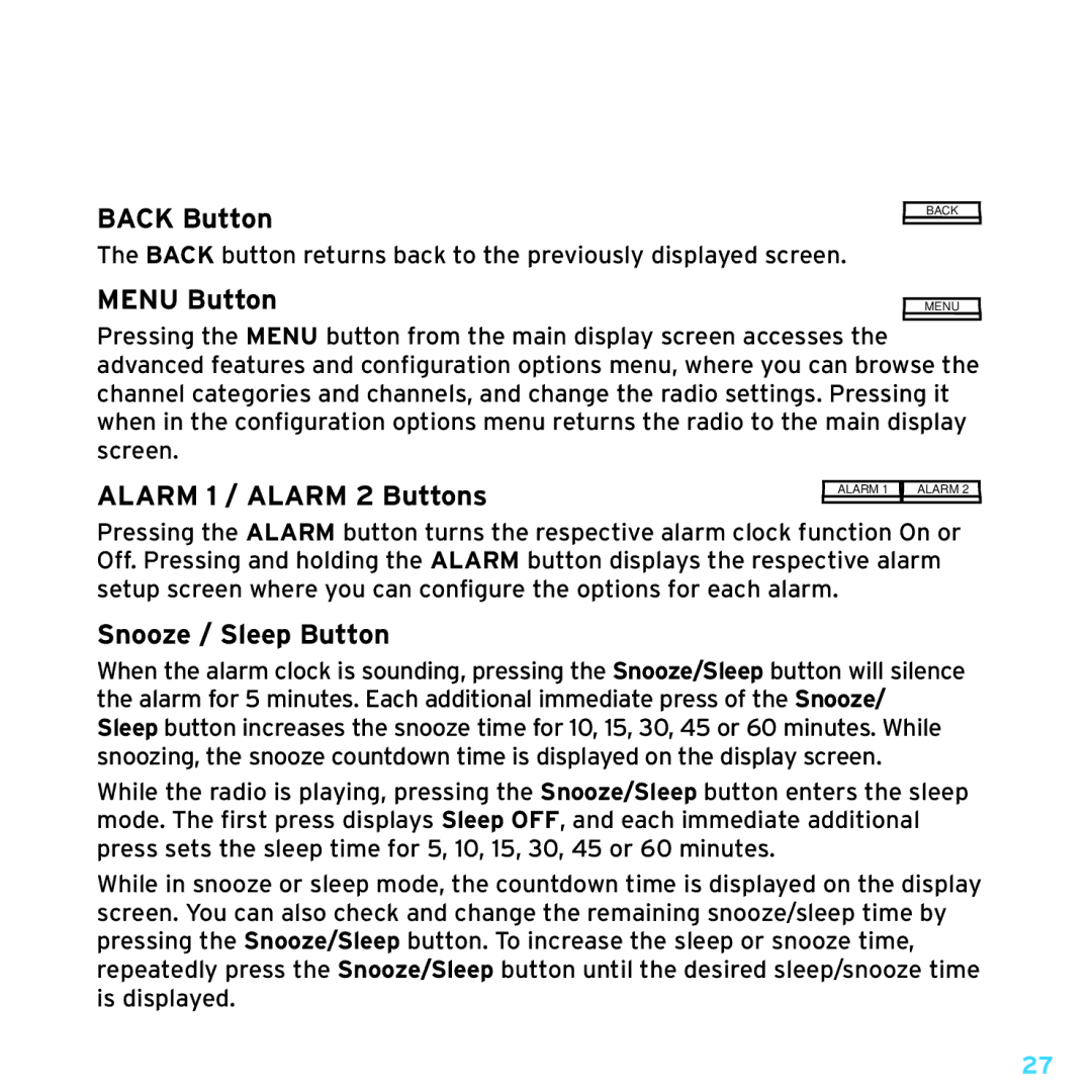 Sirius Satellite Radio TTR1 manual Back Button, Menu Button, Alarm 1 / Alarm 2 Buttons, Snooze / Sleep Button 