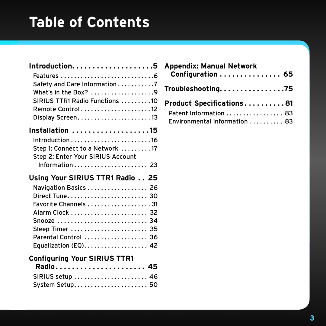 Sirius Satellite Radio TTR1 manual Table of Contents 