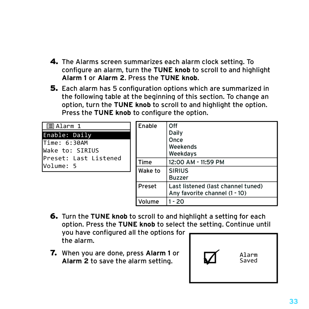 Sirius Satellite Radio TTR1 manual Alarm 2 to save the alarm setting 