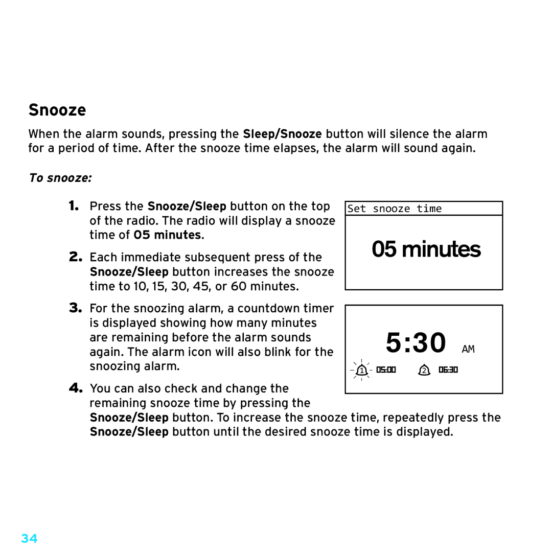 Sirius Satellite Radio TTR1 manual Snooze, To snooze 