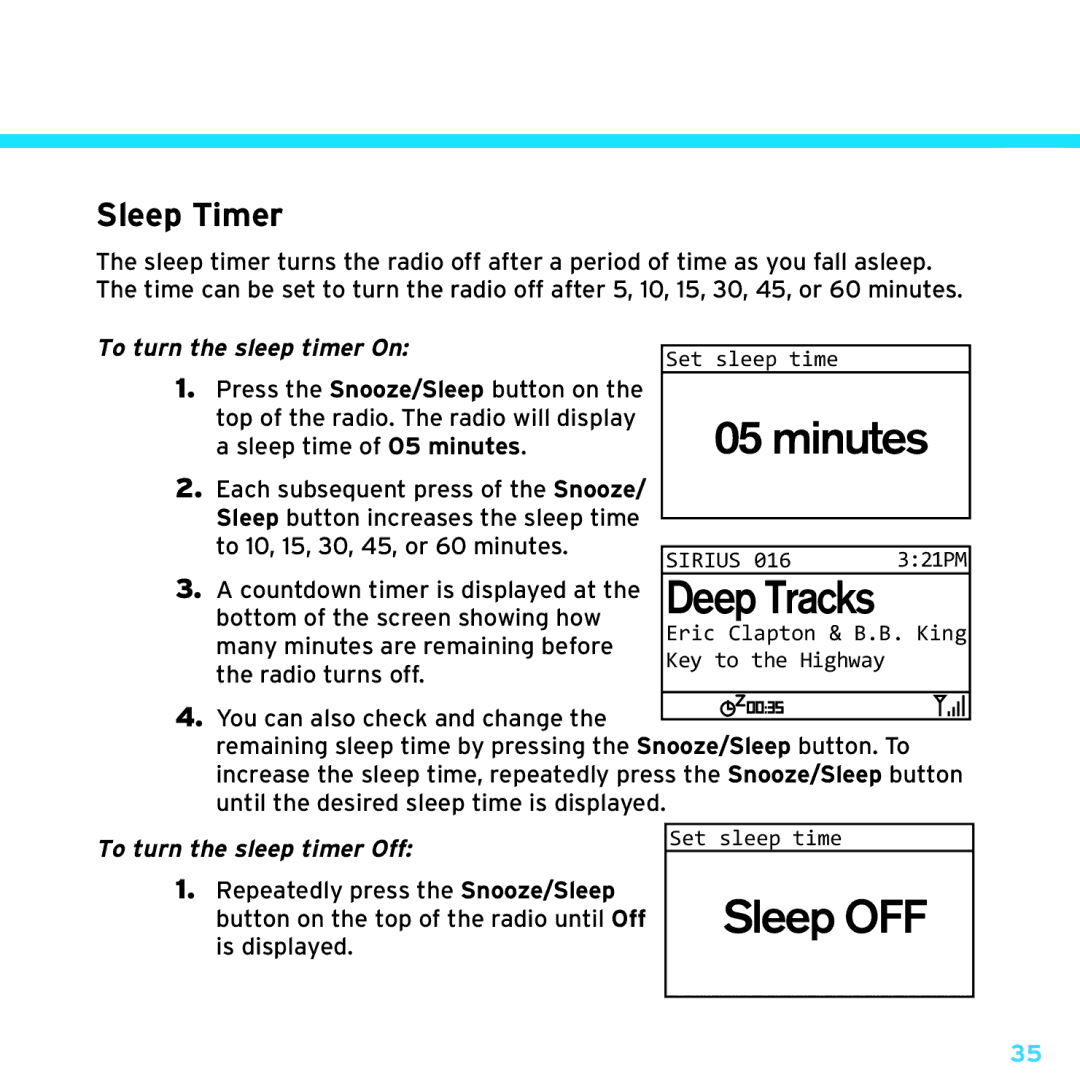 Sirius Satellite Radio TTR1 manual Sleep Timer, To turn the sleep timer On, To turn the sleep timer Off 