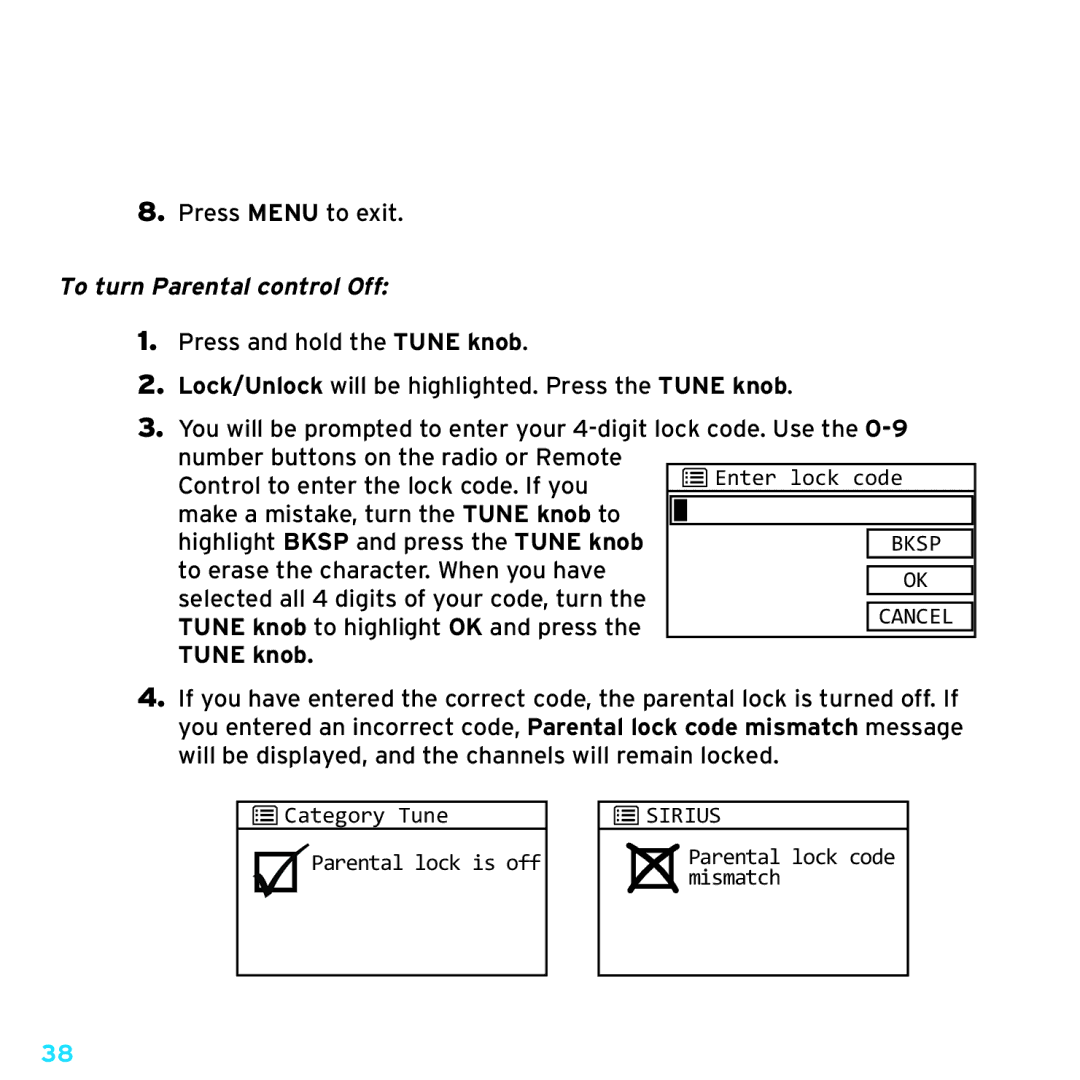 Sirius Satellite Radio TTR1 manual To turn Parental control Off 