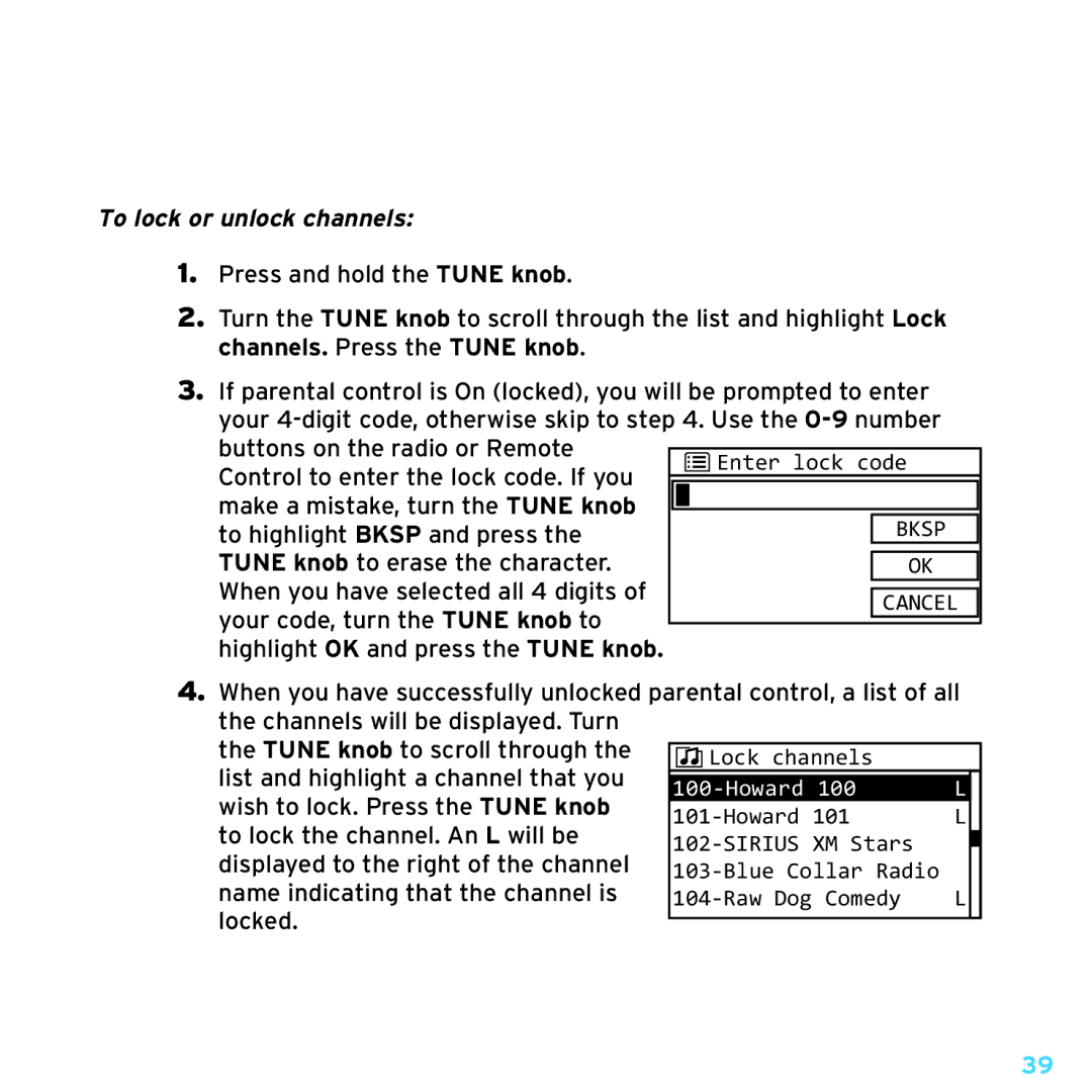 Sirius Satellite Radio TTR1 manual To lock or unlock channels 