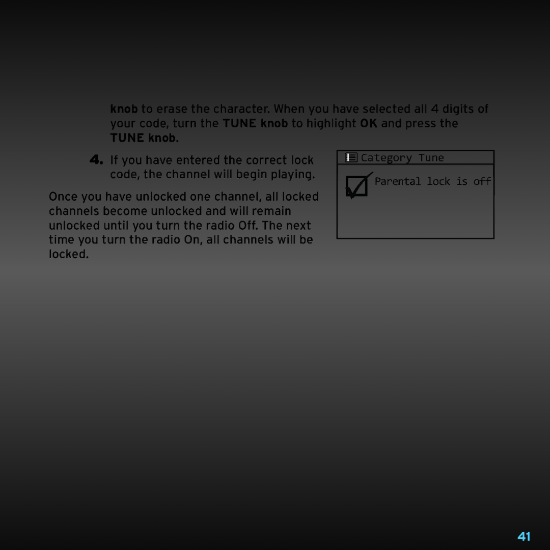 Sirius Satellite Radio TTR1 manual Category Tune Parental lock is off 