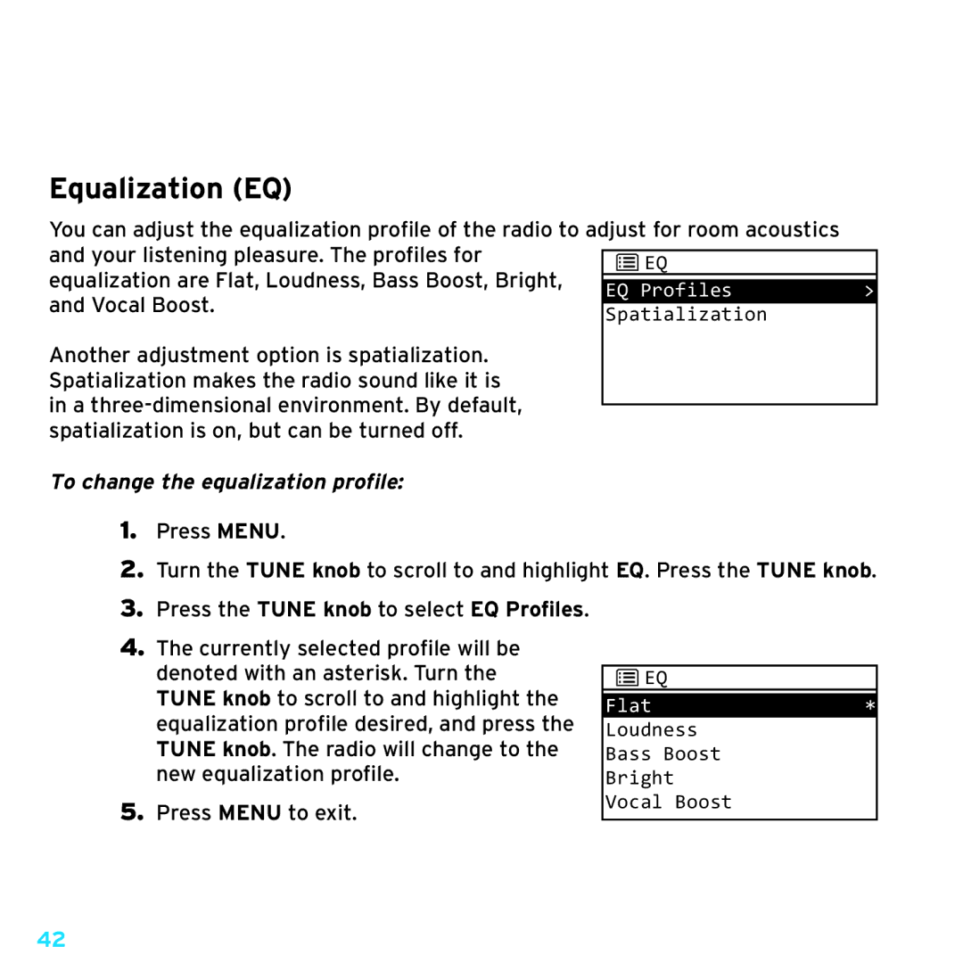 Sirius Satellite Radio TTR1 manual Equalization EQ, To change the equalization profile 