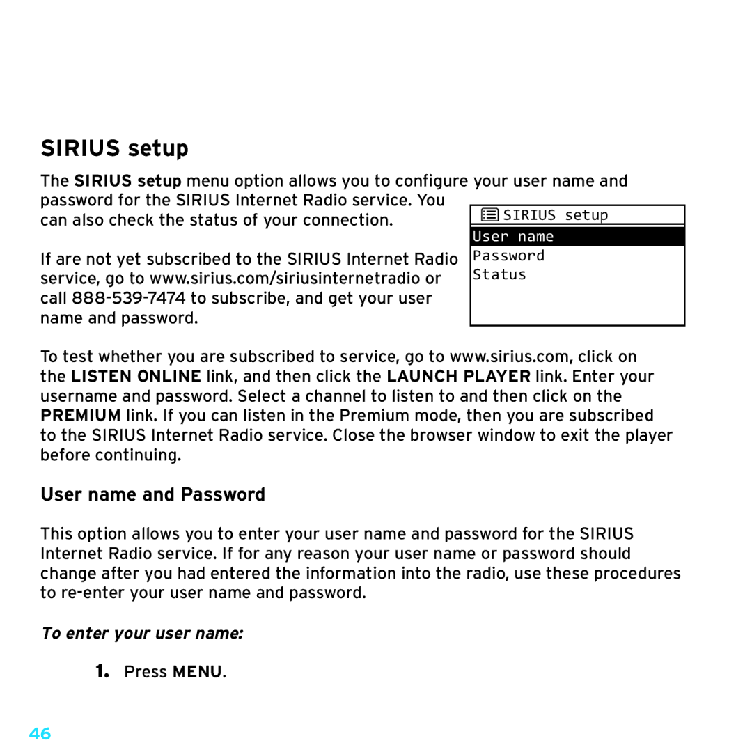 Sirius Satellite Radio manual Configuring Your Sirius TTR1 Radio, Sirius setup, User name and Password 