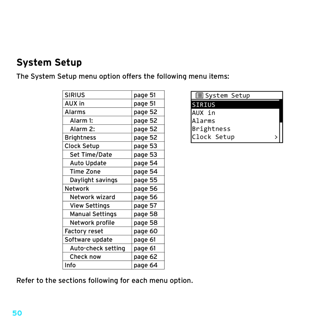 Sirius Satellite Radio TTR1 manual System Setup menu option offers the following menu items 