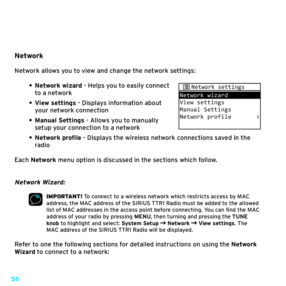 Sirius Satellite Radio TTR1 manual Network Wizard 