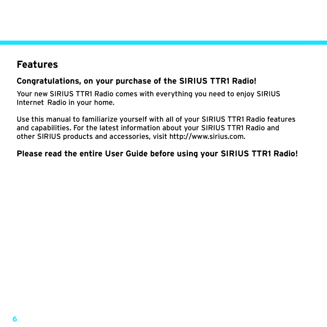 Sirius Satellite Radio manual Introduction, Features, Congratulations, on your purchase of the Sirius TTR1 Radio 