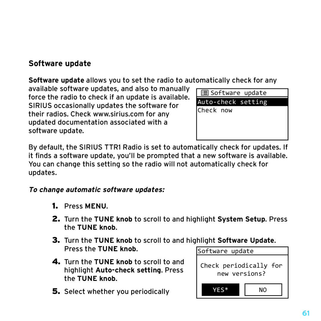 Sirius Satellite Radio TTR1 manual Software update, To change automatic software updates 