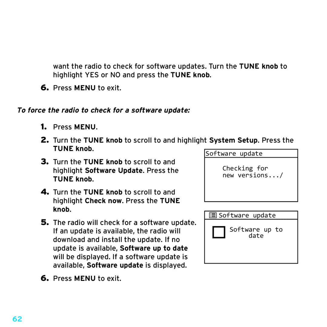 Sirius Satellite Radio TTR1 manual To force the radio to check for a software update, Knob 