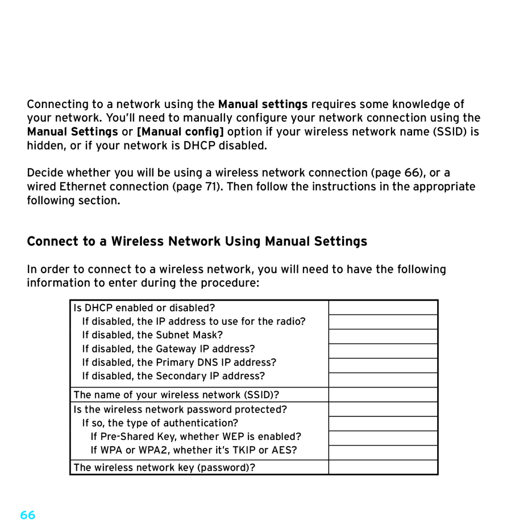 Sirius Satellite Radio TTR1 Appendix Manual Network Configuration, Connect to a Wireless Network Using Manual Settings 