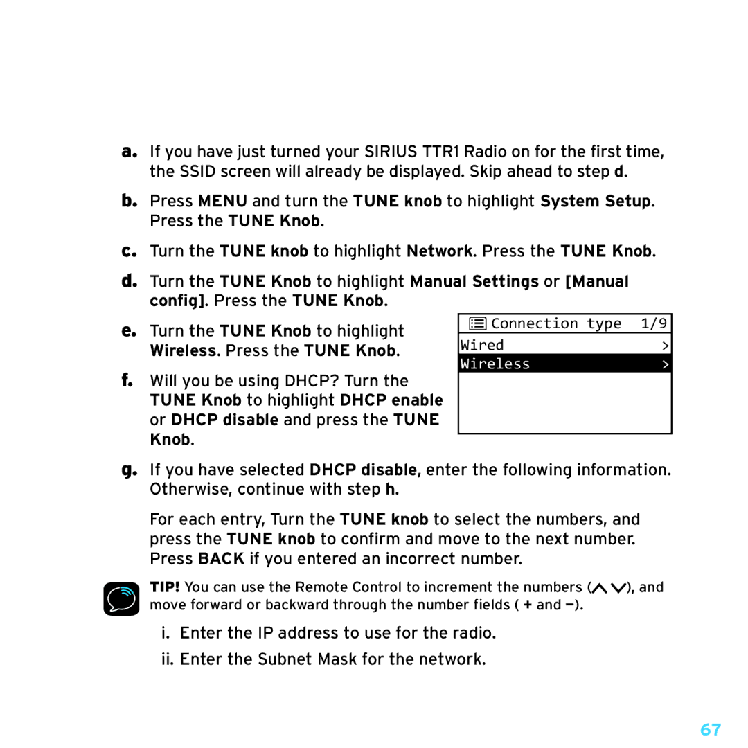 Sirius Satellite Radio TTR1 manual Wireless 