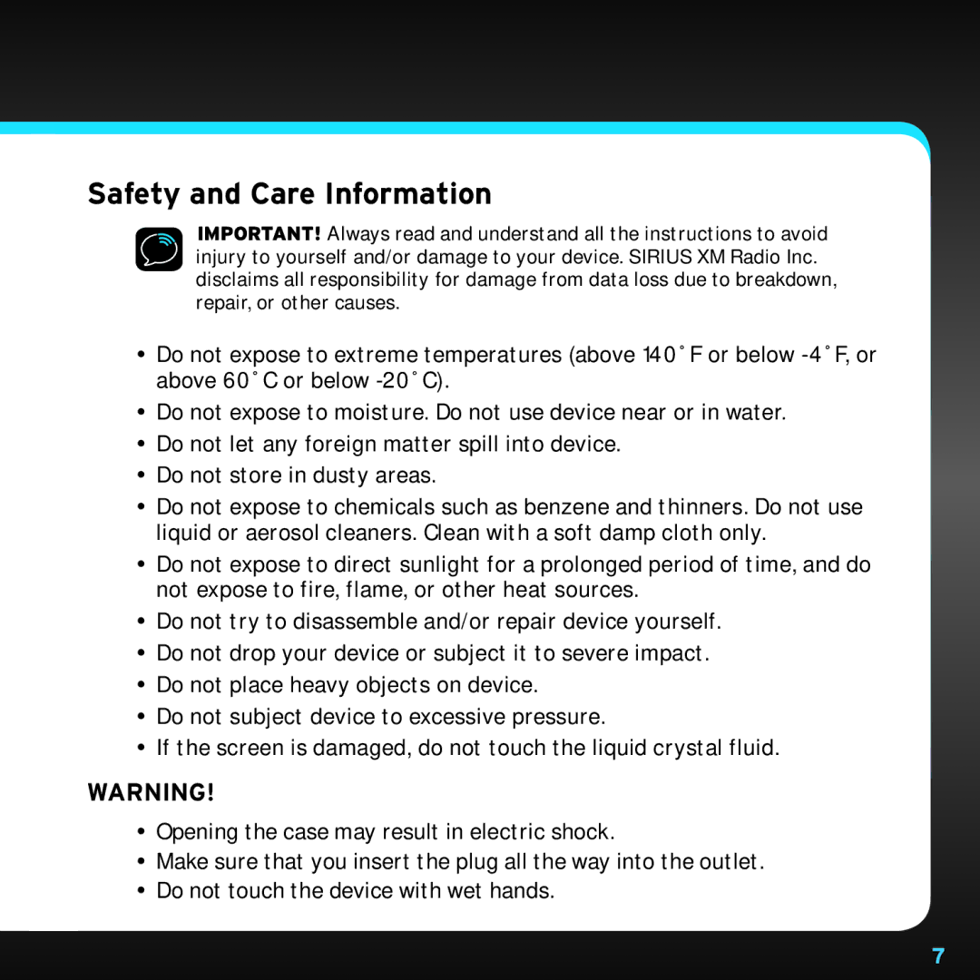 Sirius Satellite Radio TTR1 manual Safety and Care Information 