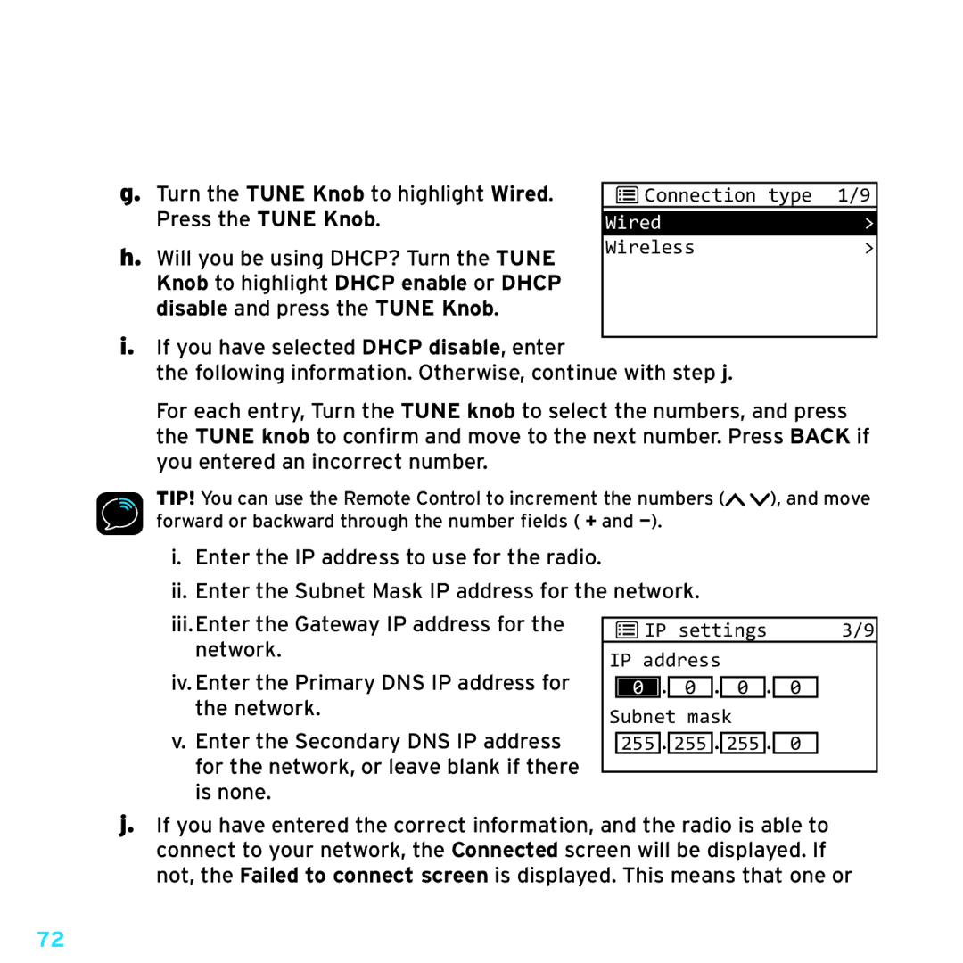 Sirius Satellite Radio TTR1 manual Turn the Tune Knob to highlight Wired 