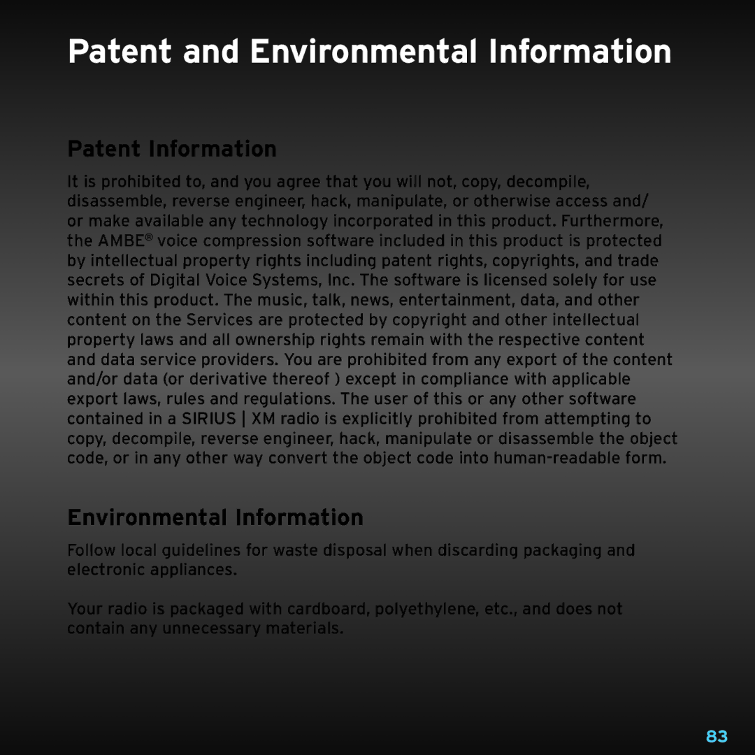 Sirius Satellite Radio TTR1 manual Patent and Environmental Information, Patent Information 