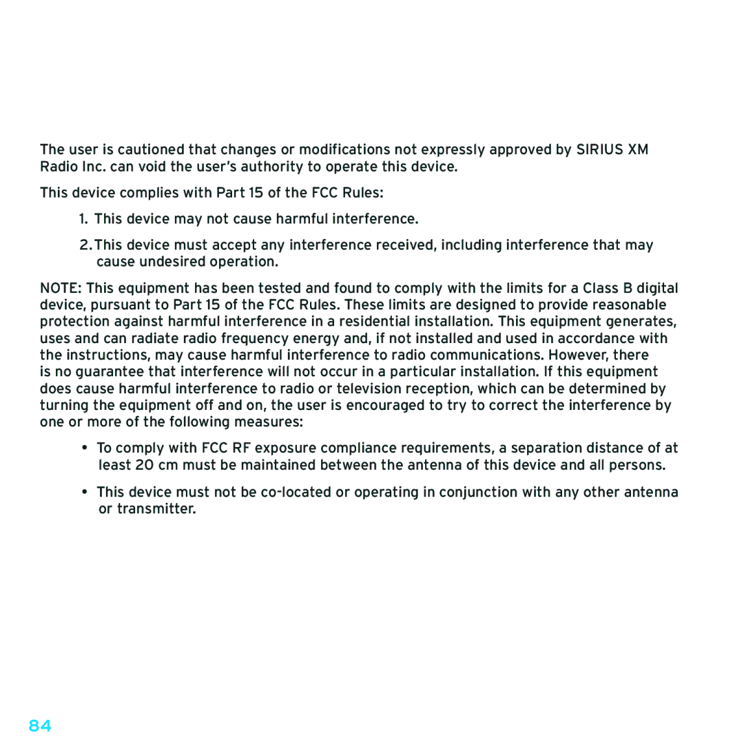 Sirius Satellite Radio TTR1 manual FCC Statement 