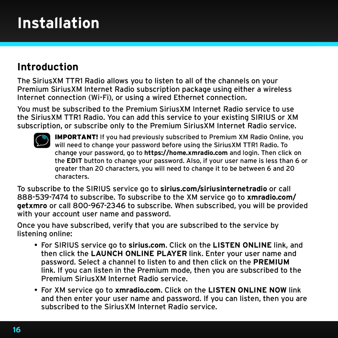 Sirius Satellite Radio TTR1 manual Installation, Introduction 