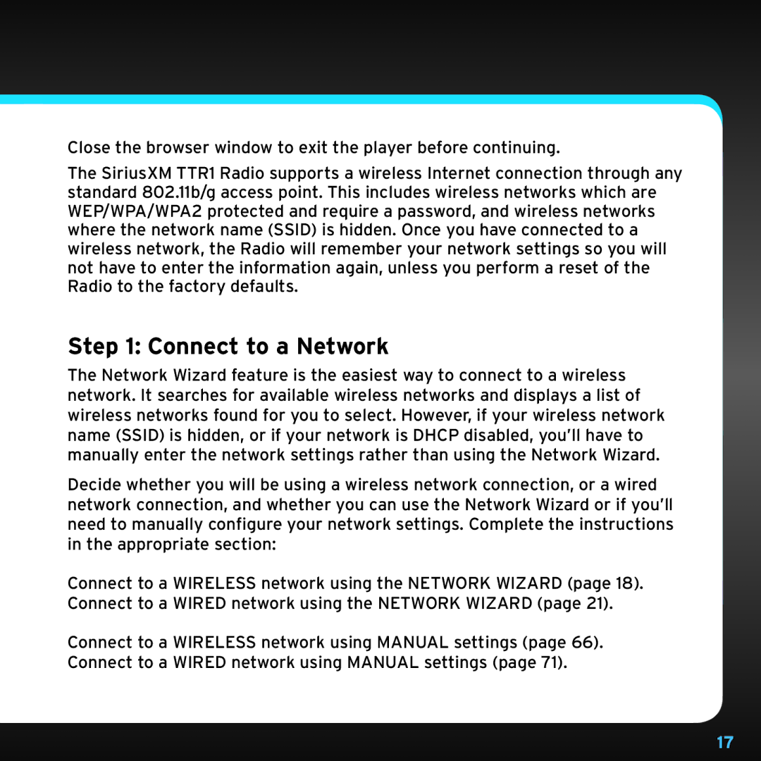 Sirius Satellite Radio TTR1 manual Connect to a Network 